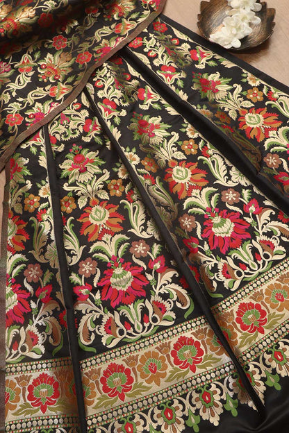 Stunning Black Banarasi Silk Unstitched Meenakari Lehenga Set - Luxurion World