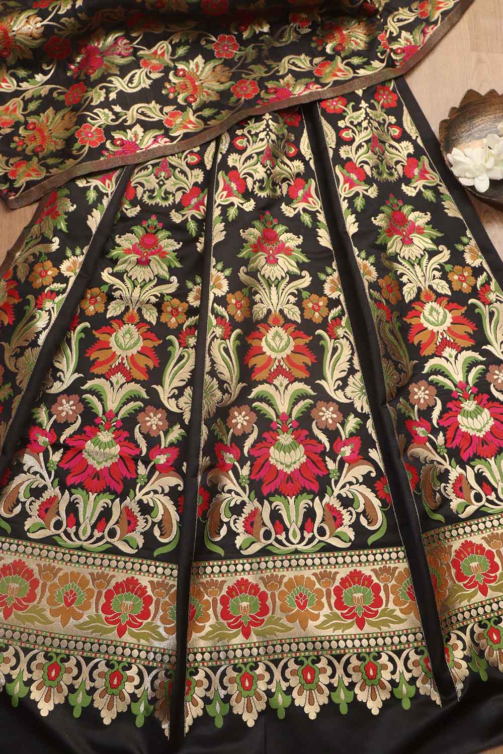 Stunning Black Banarasi Silk Unstitched Meenakari Lehenga Set - Luxurion World