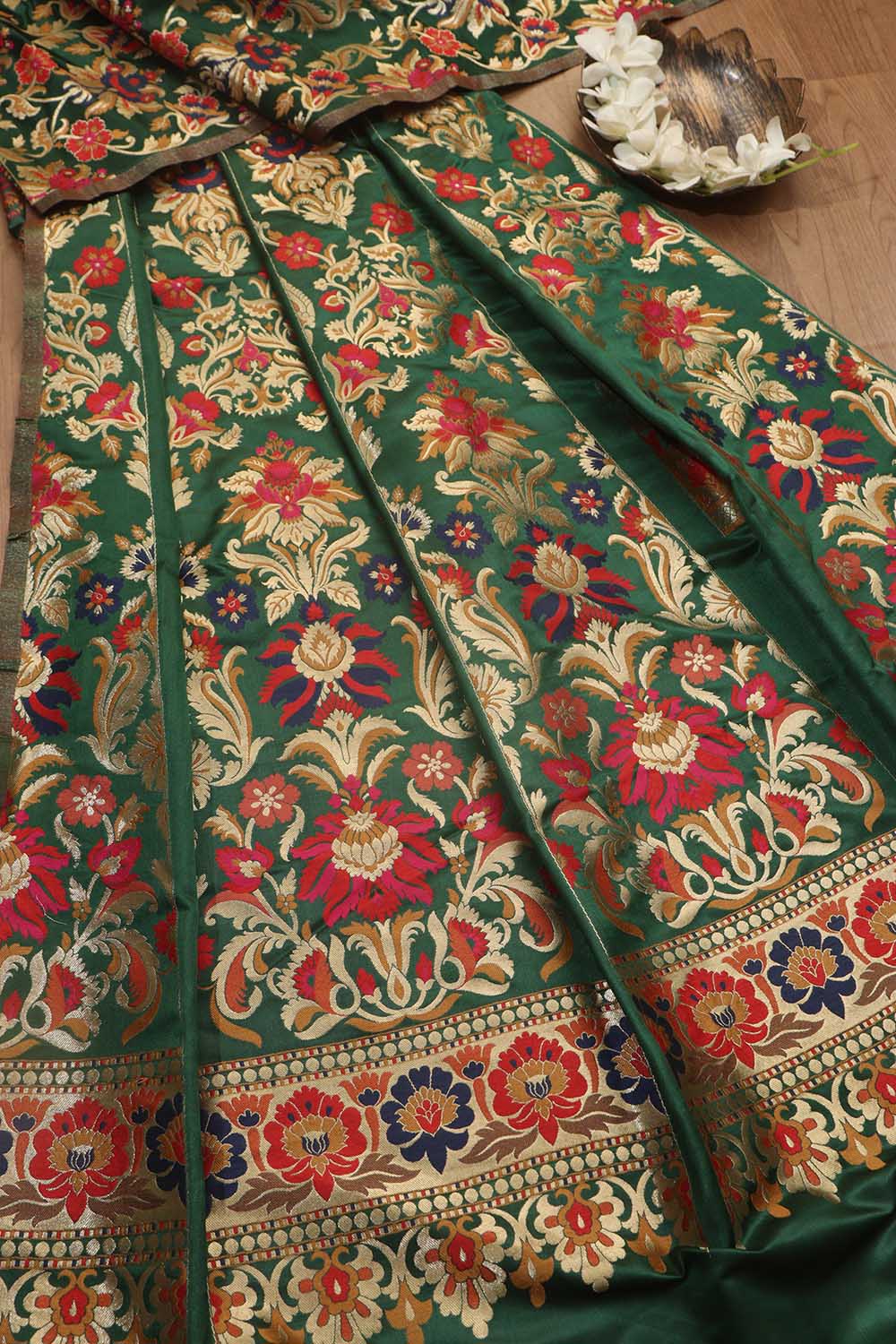 Elegant Green Banarasi Silk Unstitched Meenakari Lehenga Set - Luxurion World