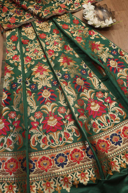Elegant Green Banarasi Silk Unstitched Meenakari Lehenga Set - Luxurion World
