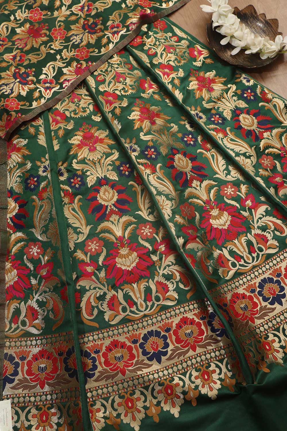 Elegant Green Banarasi Silk Unstitched Meenakari Lehenga Set - Luxurion World