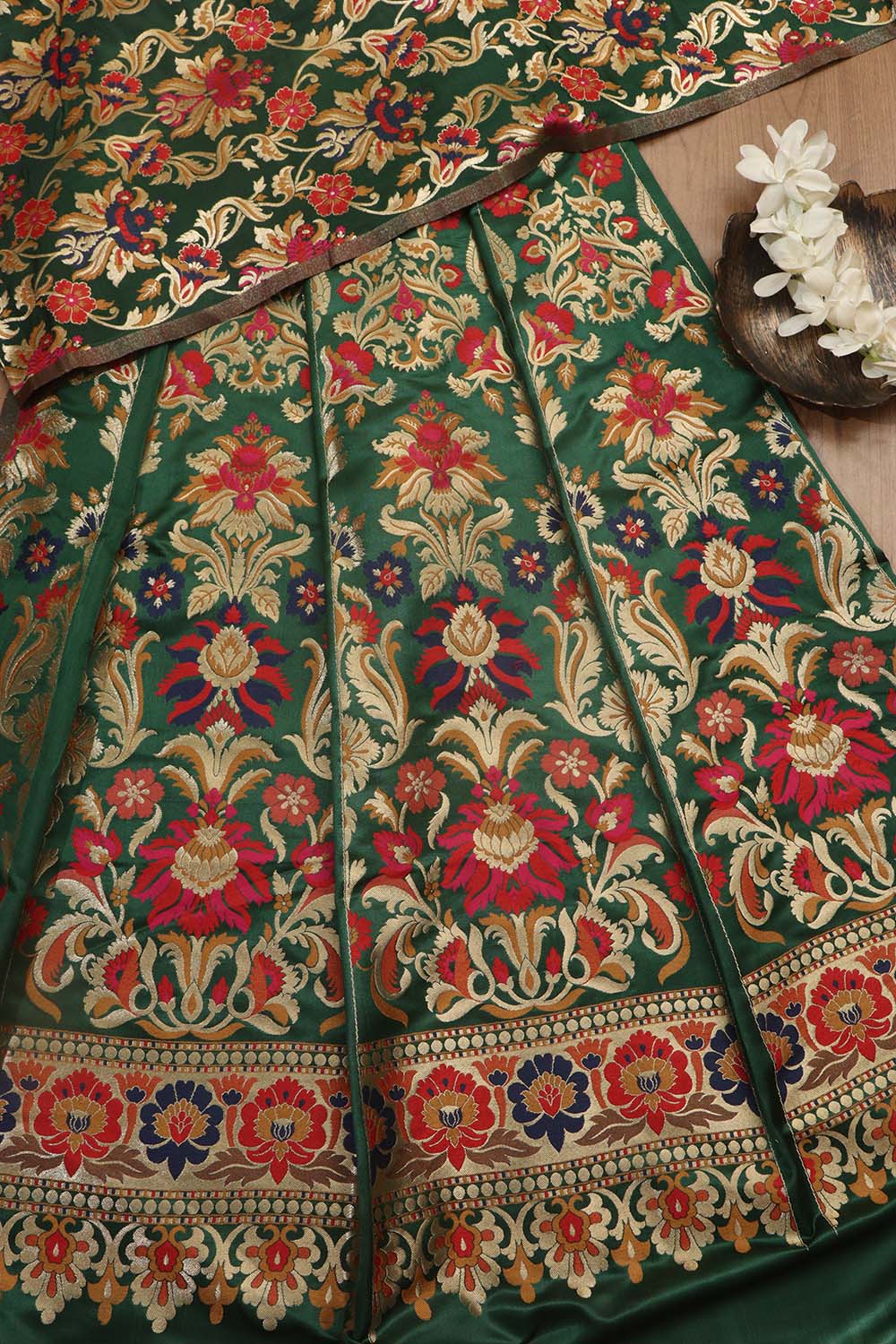 Elegant Green Banarasi Silk Unstitched Meenakari Lehenga Set - Luxurion World