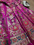 Stunning Pink Banarasi Silk Unstitched Meenakari Lehenga Set - Luxurion World