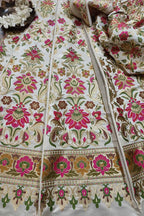 Stunning Off White Banarasi Silk Unstitched Meenakari Lehenga Set - Luxurion World
