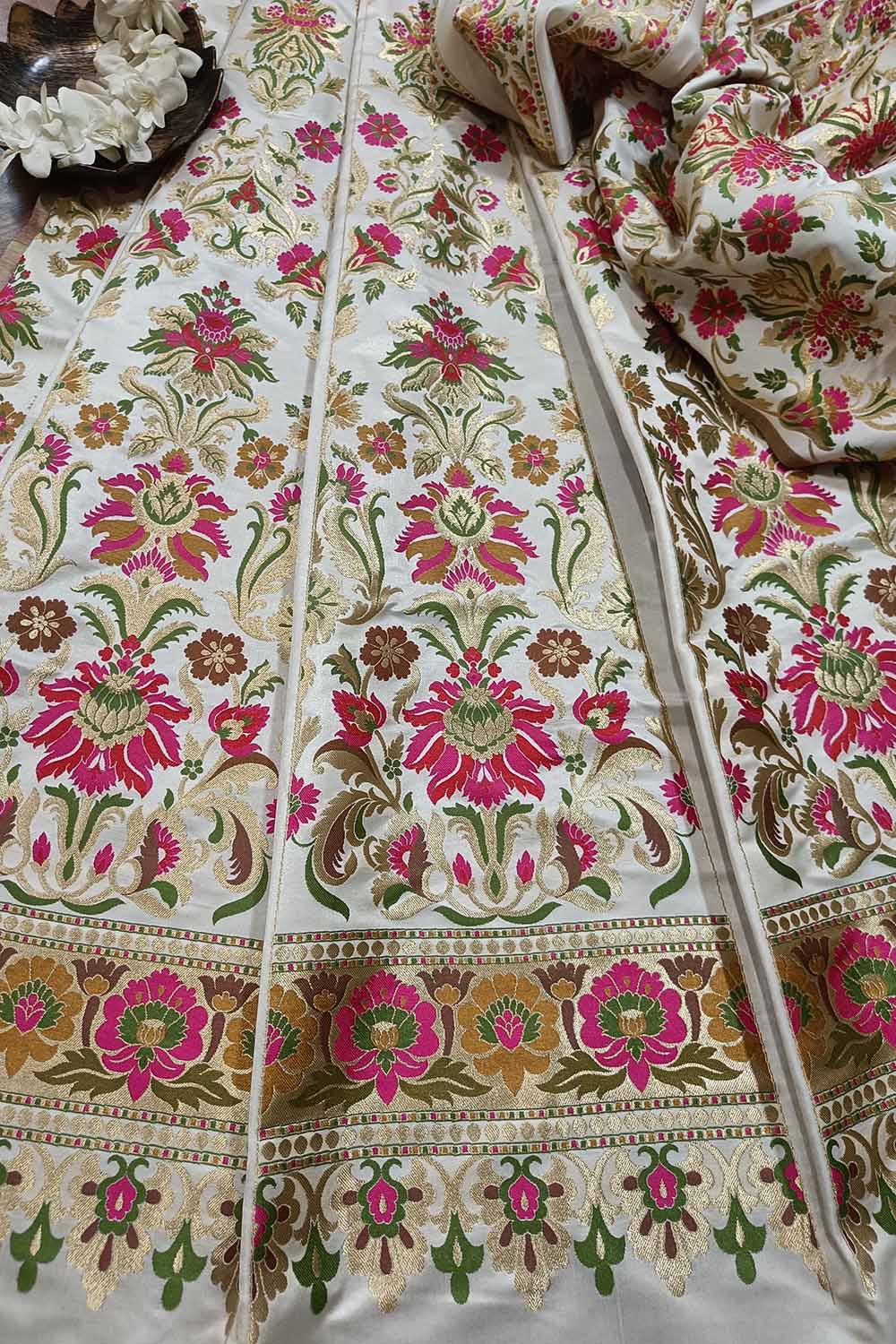 Stunning Off White Banarasi Silk Unstitched Meenakari Lehenga Set - Luxurion World