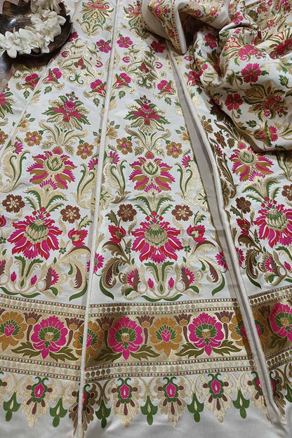 Stunning Off White Banarasi Silk Unstitched Meenakari Lehenga Set - Luxurion World