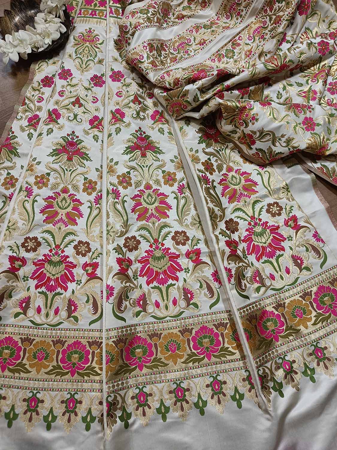 Stunning Off White Banarasi Silk Unstitched Meenakari Lehenga Set - Luxurion World