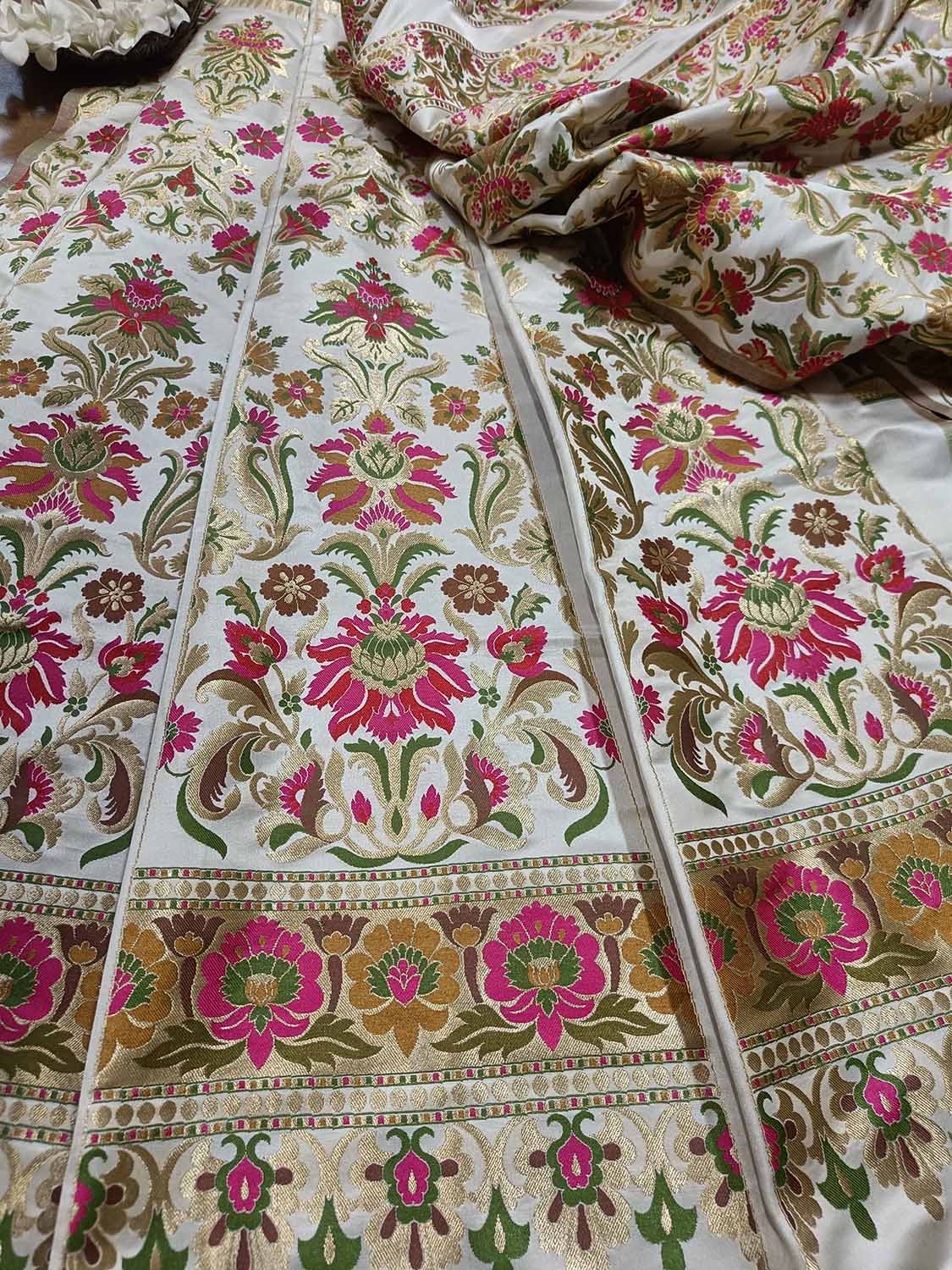 Stunning Off White Banarasi Silk Unstitched Meenakari Lehenga Set - Luxurion World