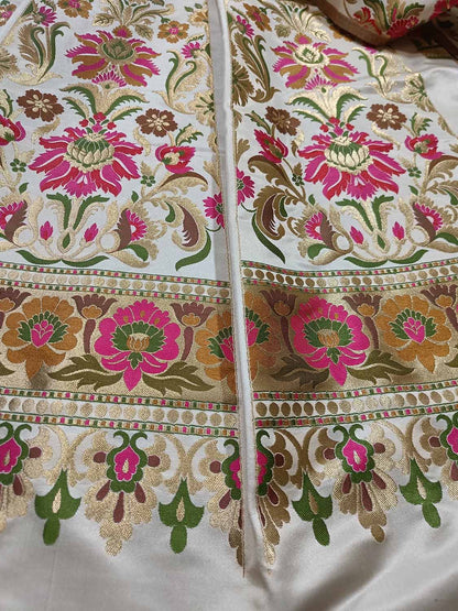 Stunning Off White Banarasi Silk Unstitched Meenakari Lehenga Set - Luxurion World