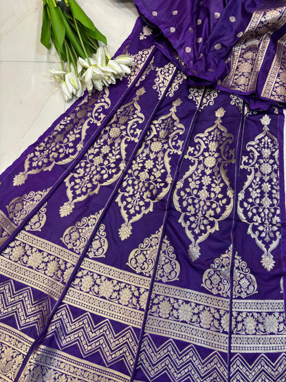 Exquisite Purple Banarasi Silk Unstitched Lehenga Set - Luxurion World