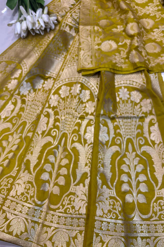 Yellow Banarasi Silk Unstitched Lehenga Set - Luxurion World