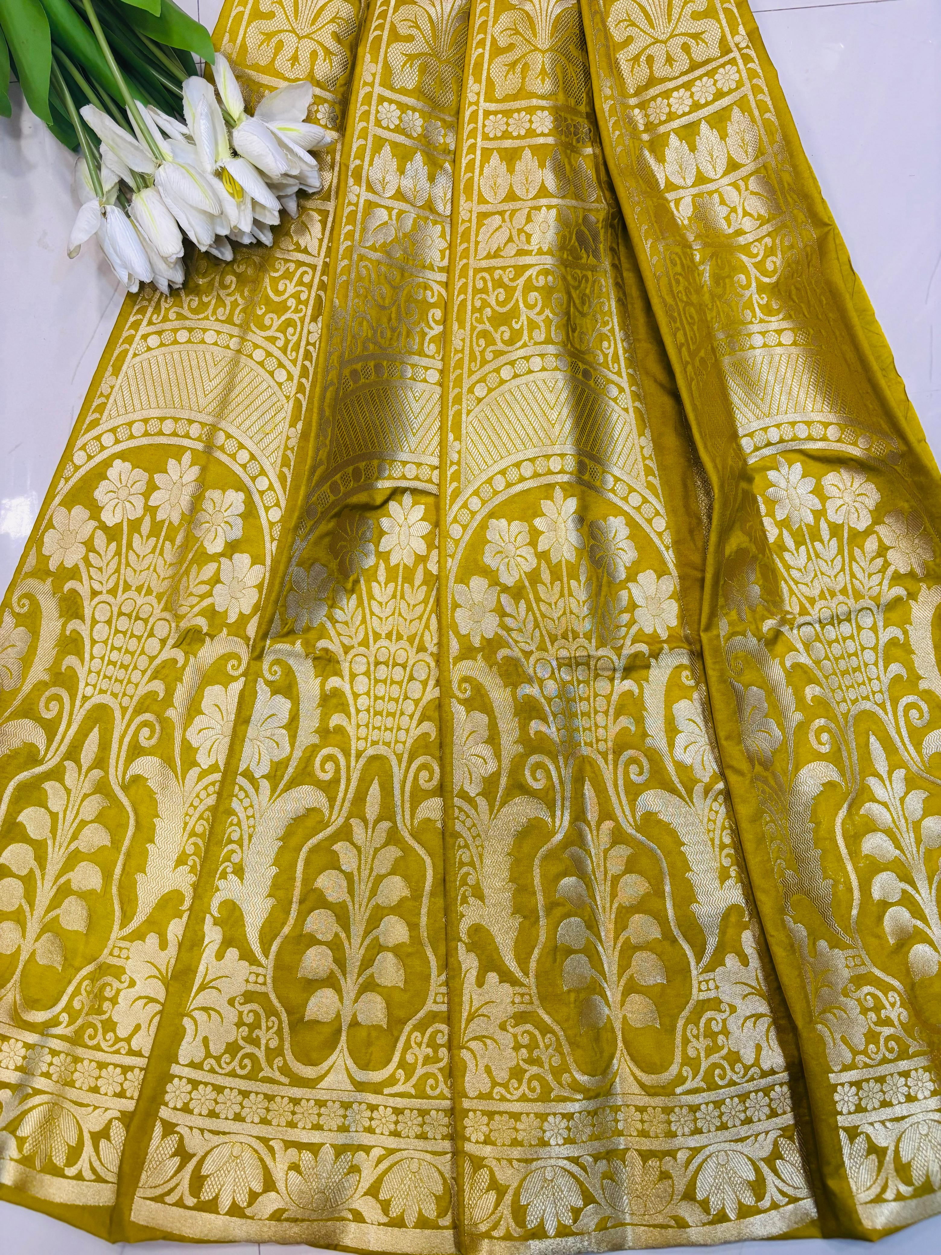 Yellow Banarasi Silk Unstitched Lehenga Set - Luxurion World