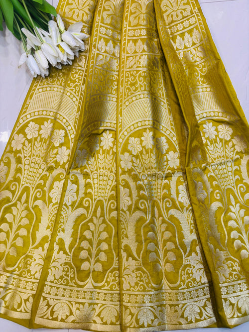 Yellow Banarasi Silk Unstitched Lehenga Set - Luxurion World