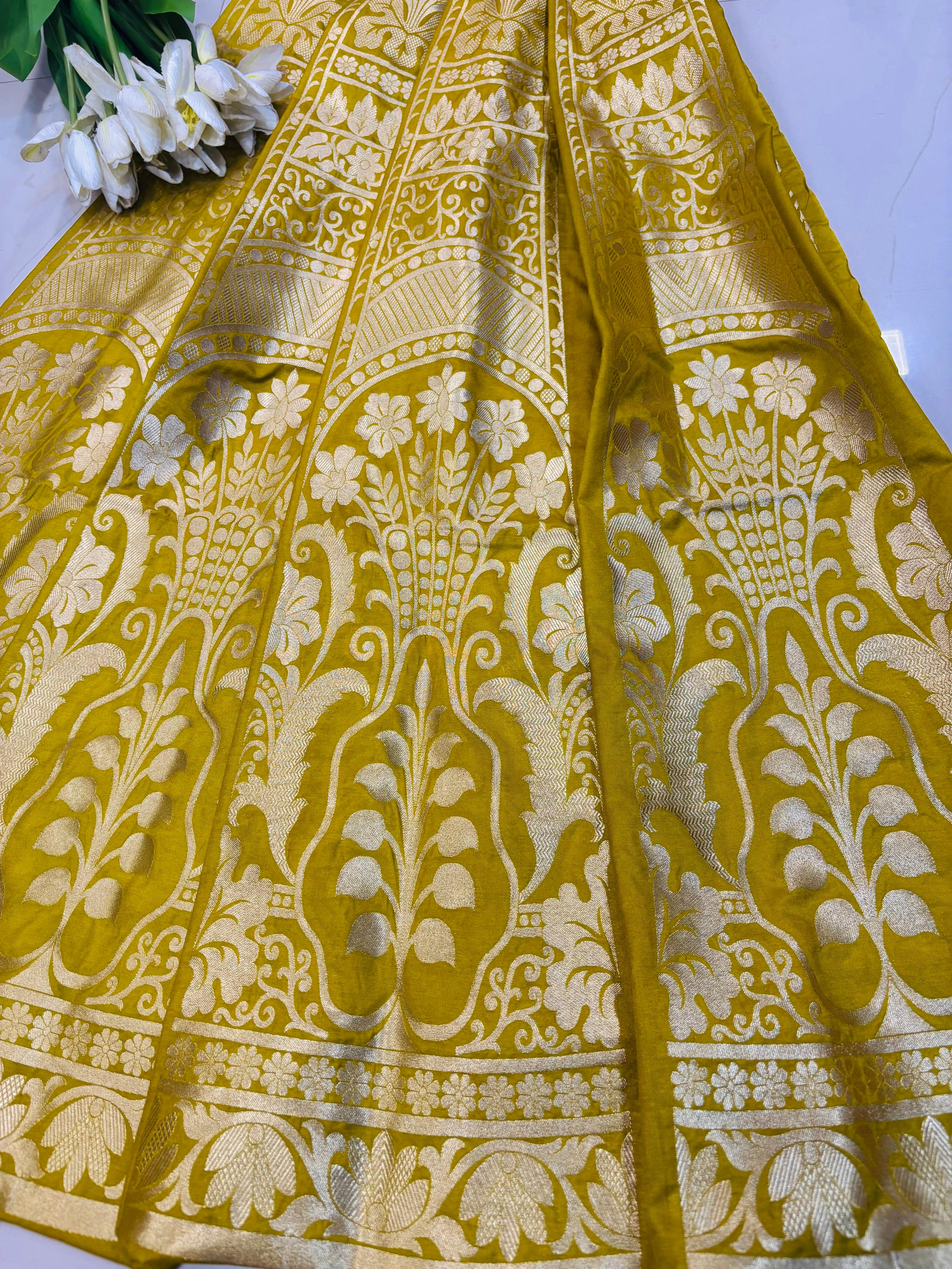 Yellow Banarasi Silk Unstitched Lehenga Set - Luxurion World