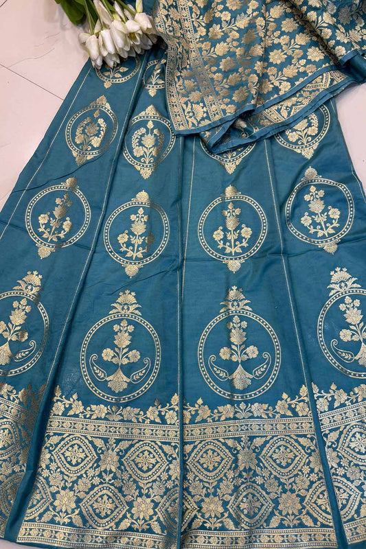 Elegant Blue Banarasi Silk Unstitched Lehenga Set - Luxurion World