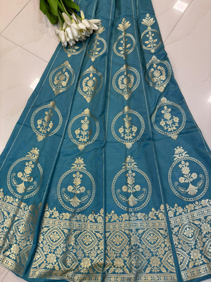 Elegant Blue Banarasi Silk Unstitched Lehenga Set - Luxurion World