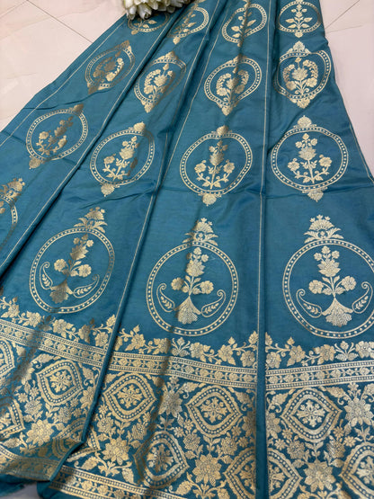 Elegant Blue Banarasi Silk Unstitched Lehenga Set - Luxurion World