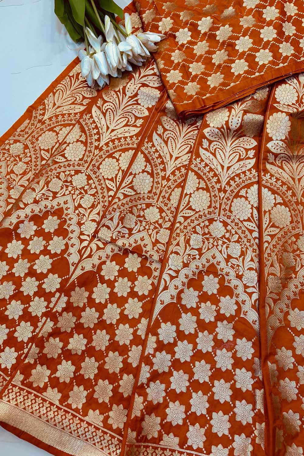 Orange Banarasi Silk Unstitched Lehenga Set - Luxurion World