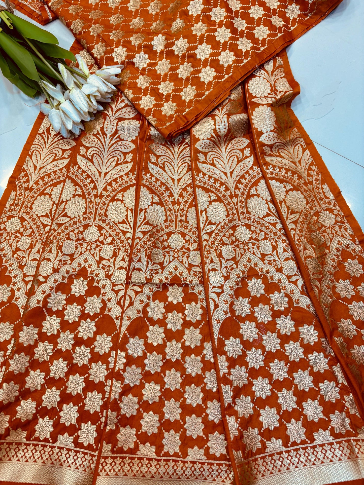Orange Banarasi Silk Unstitched Lehenga Set - Luxurion World