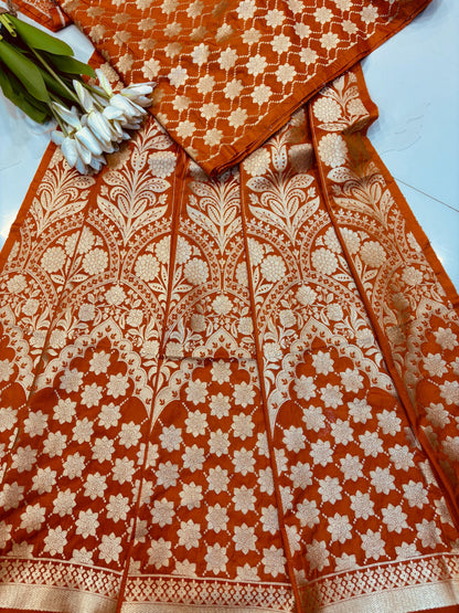 Orange Banarasi Silk Unstitched Lehenga Set - Luxurion World