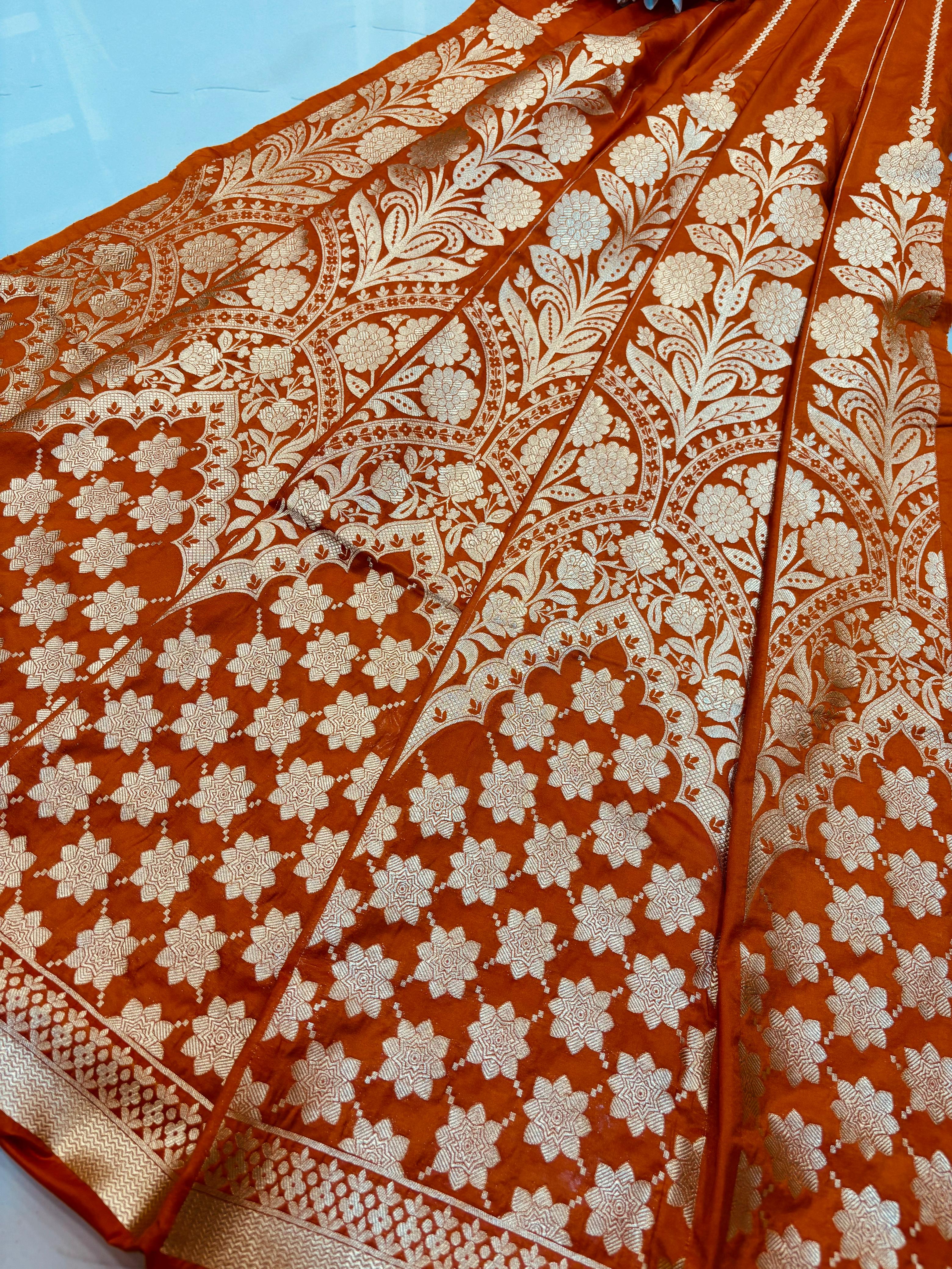 Orange Banarasi Silk Unstitched Lehenga Set - Luxurion World
