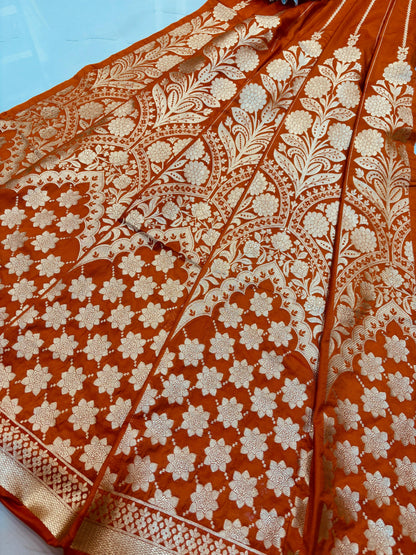 Orange Banarasi Silk Unstitched Lehenga Set - Luxurion World