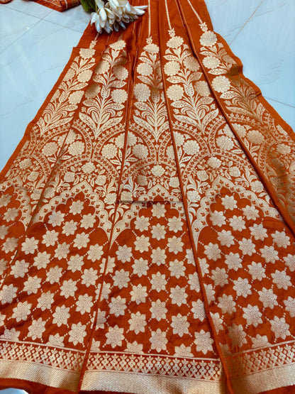 Orange Banarasi Silk Unstitched Lehenga Set - Luxurion World