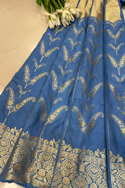 Blue Banarasi Silk Unstitched Lehenga Set - Luxurion World
