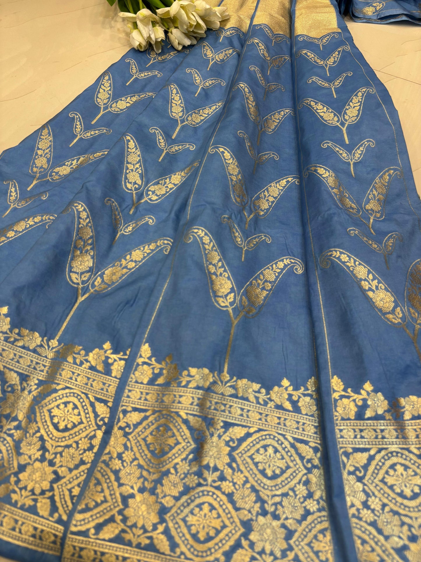 Blue Banarasi Silk Unstitched Lehenga Set - Luxurion World