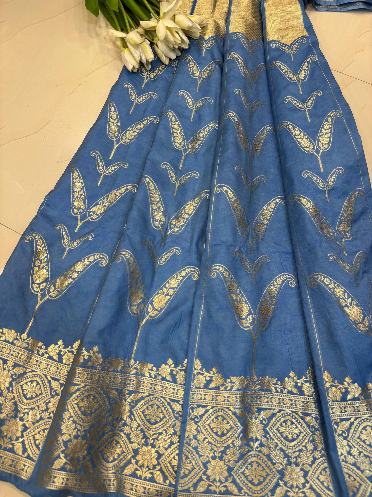 Blue Banarasi Silk Unstitched Lehenga Set - Luxurion World