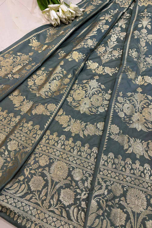 Elegant Grey Banarasi Silk Unstitched Lehenga Set - Luxurion World