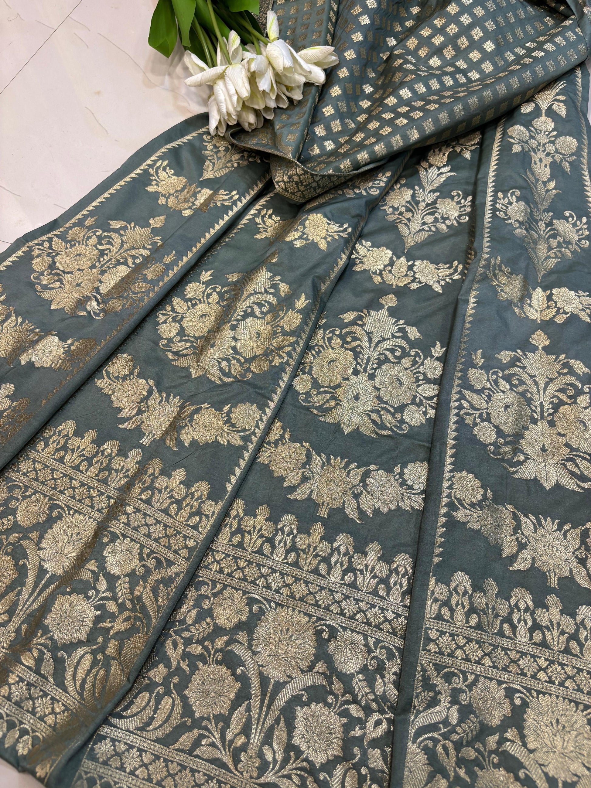 Elegant Grey Banarasi Silk Unstitched Lehenga Set - Luxurion World