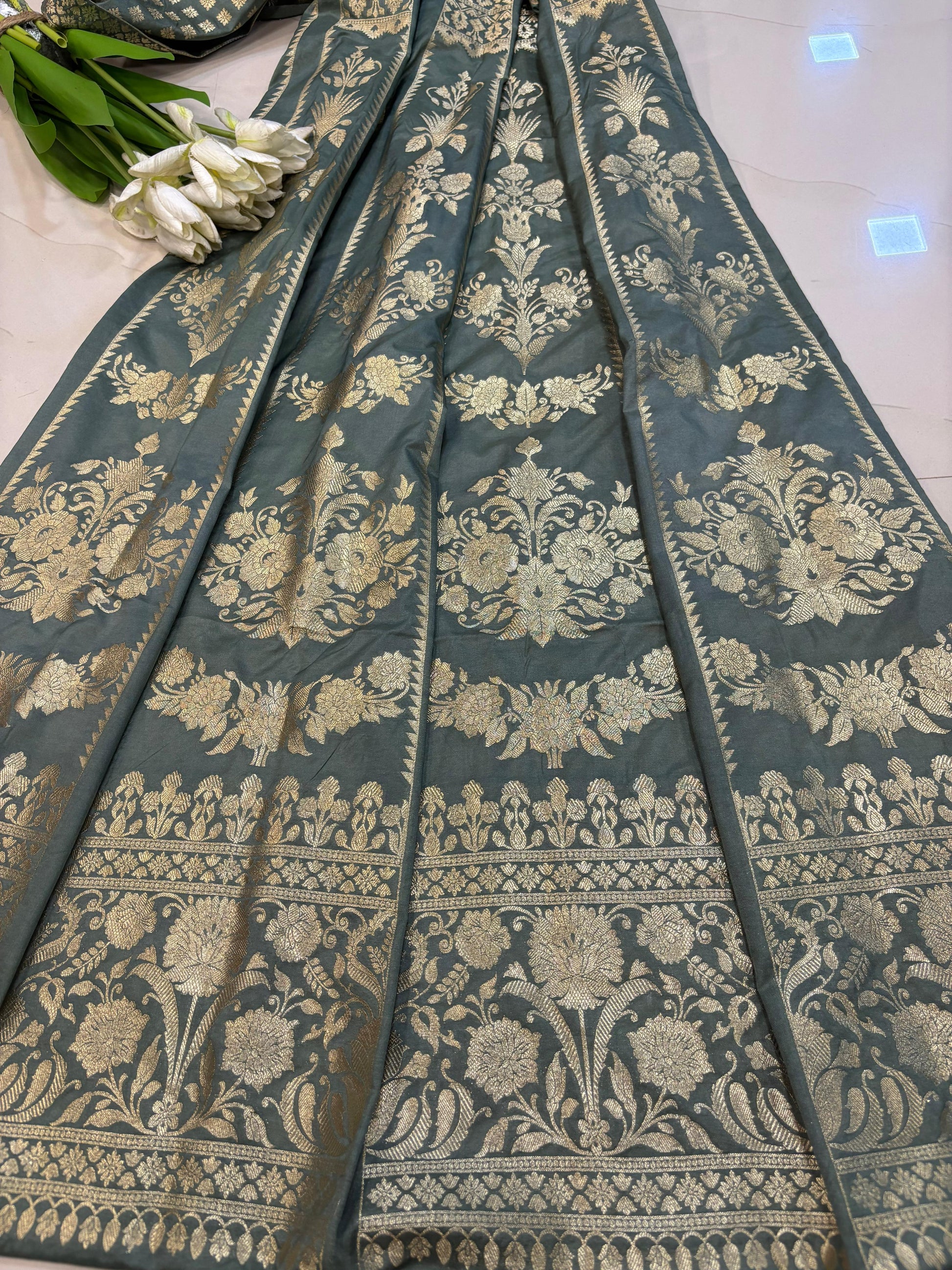 Elegant Grey Banarasi Silk Unstitched Lehenga Set - Luxurion World