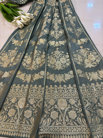 Elegant Grey Banarasi Silk Unstitched Lehenga Set - Luxurion World