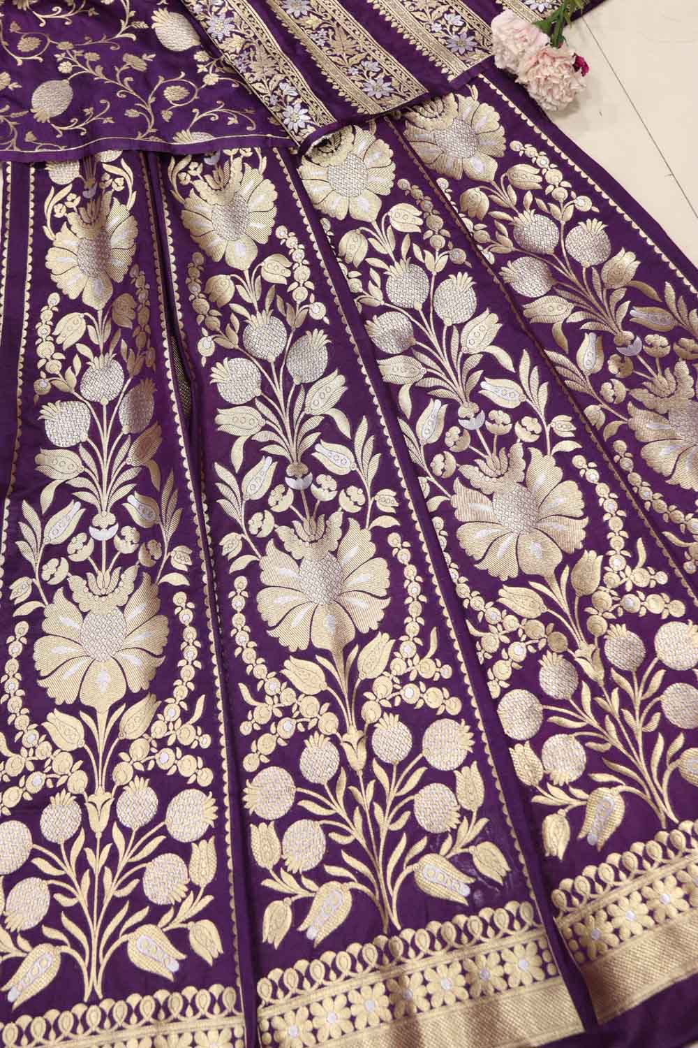 Purple Banarasi Silk Unstitched Lehenga Set - Luxurion World