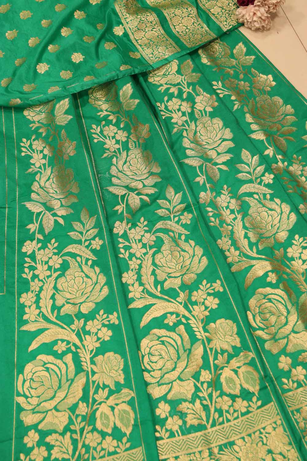 Green Banarasi Silk Unstitched Lehenga Set - Luxurion World