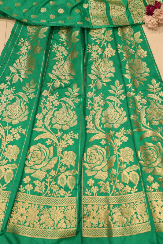 Green Banarasi Silk Unstitched Lehenga Set - Luxurion World