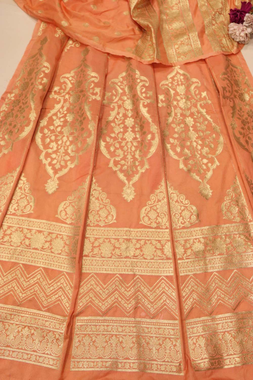 Pastel Orange Banarasi Silk Unstitched Lehenga Set - Luxurion World
