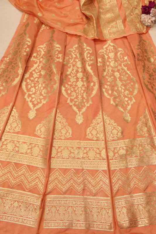 Pastel Orange Banarasi Silk Unstitched Lehenga Set - Luxurion World