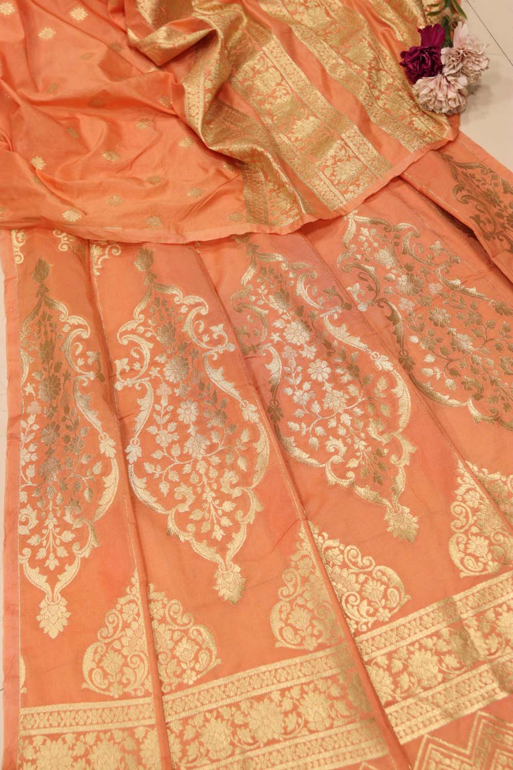 Pastel Orange Banarasi Silk Unstitched Lehenga Set - Luxurion World