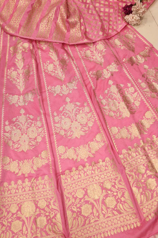 Light Pink Banarasi Silk Unstitched Lehenga Set - Luxurion World