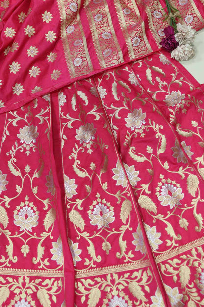 Pink Banarasi Silk Unstitched Lehenga Set - Luxurion World