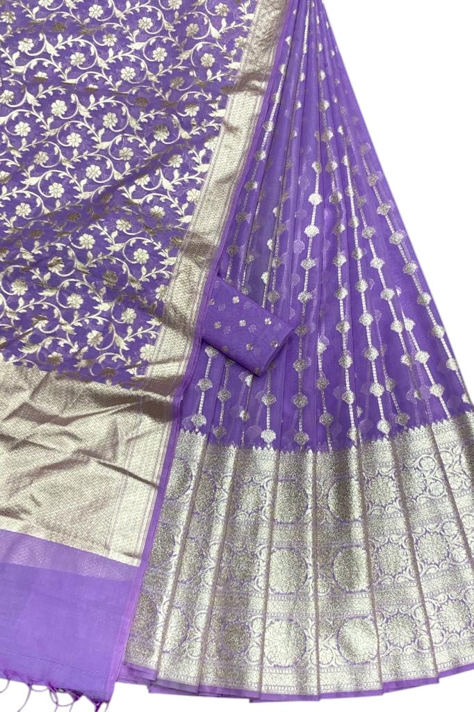 Purple Banarasi Chanderi Silk Unstitched Lehenga Set - Luxurion World