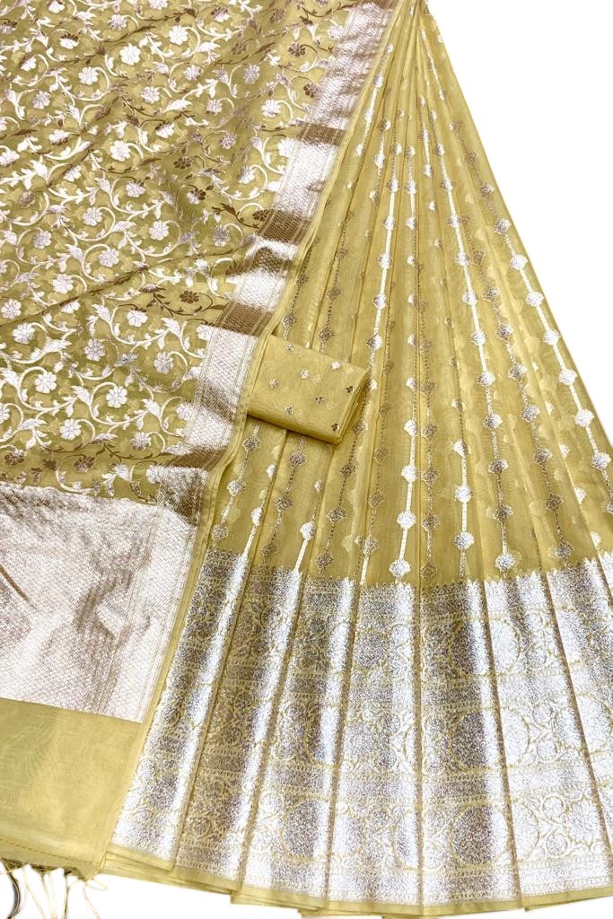Yellow Banarasi Chanderi Silk Unstitched Lehenga Set - Luxurion World