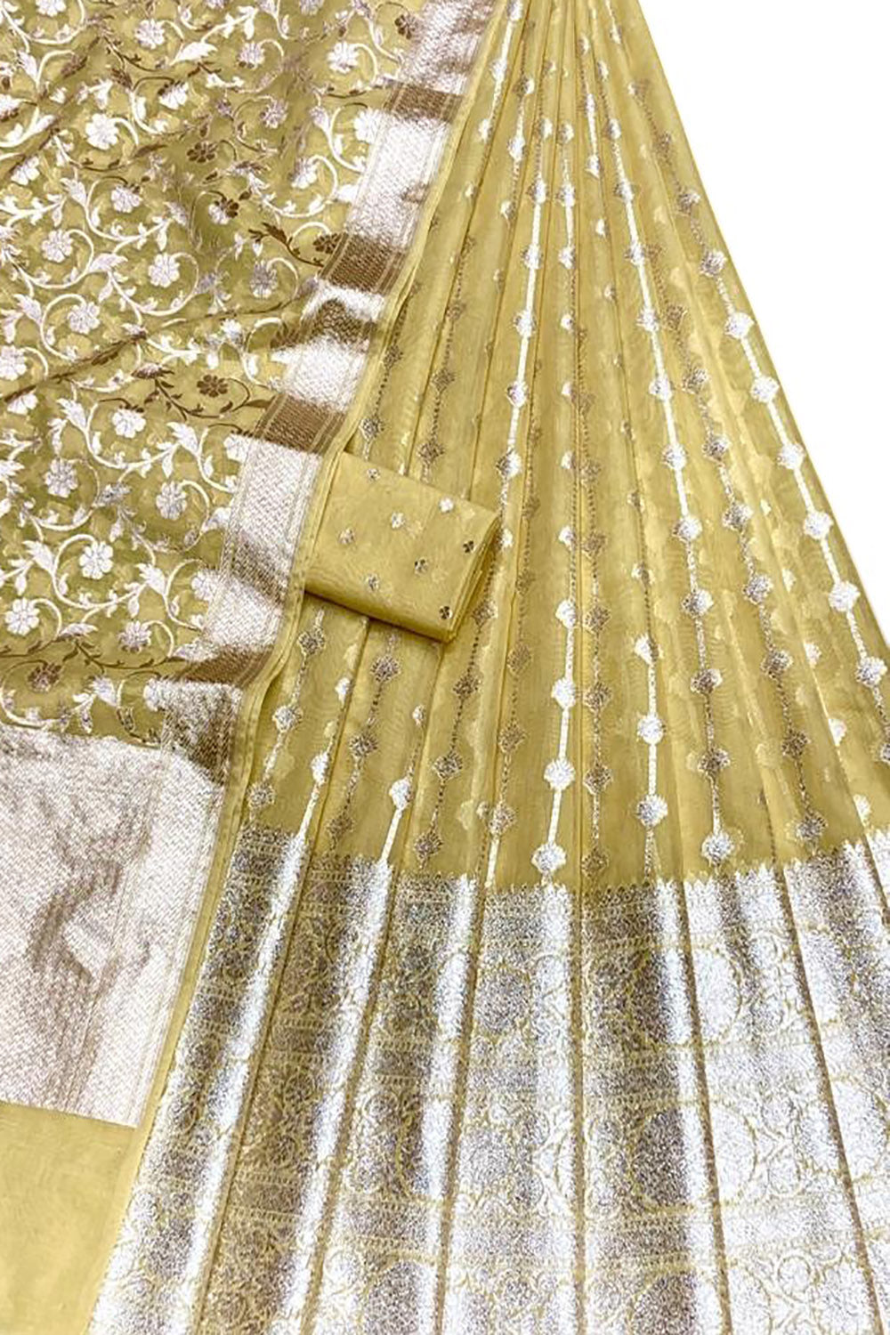 Yellow Banarasi Chanderi Silk Unstitched Lehenga Set - Luxurion World