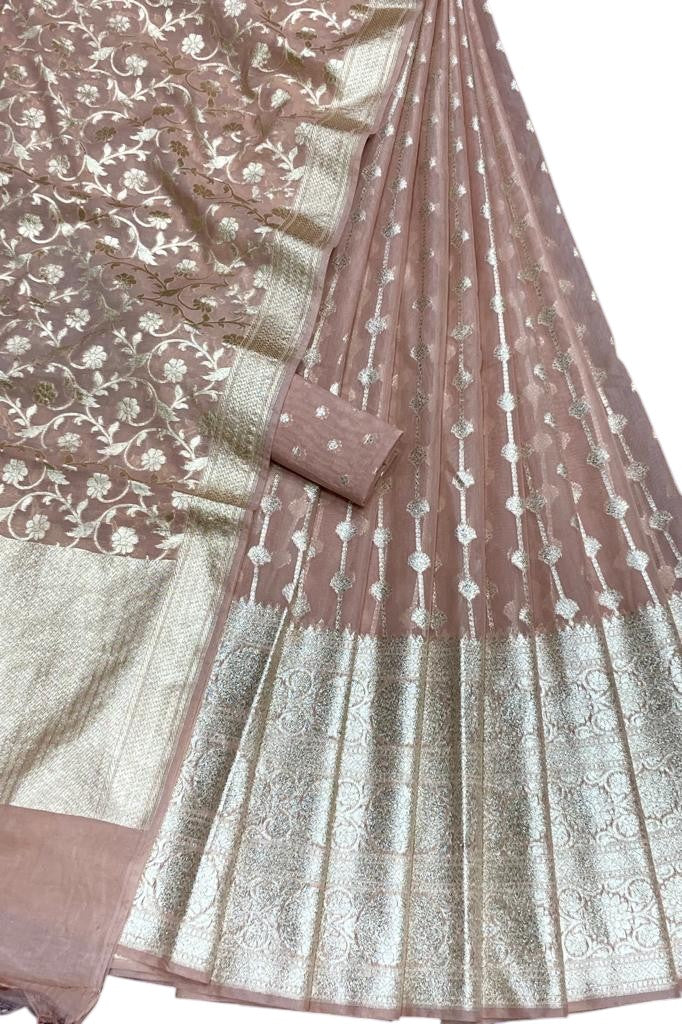 Pink Banarasi Chanderi Silk Unstitched Lehenga Set - Luxurion World
