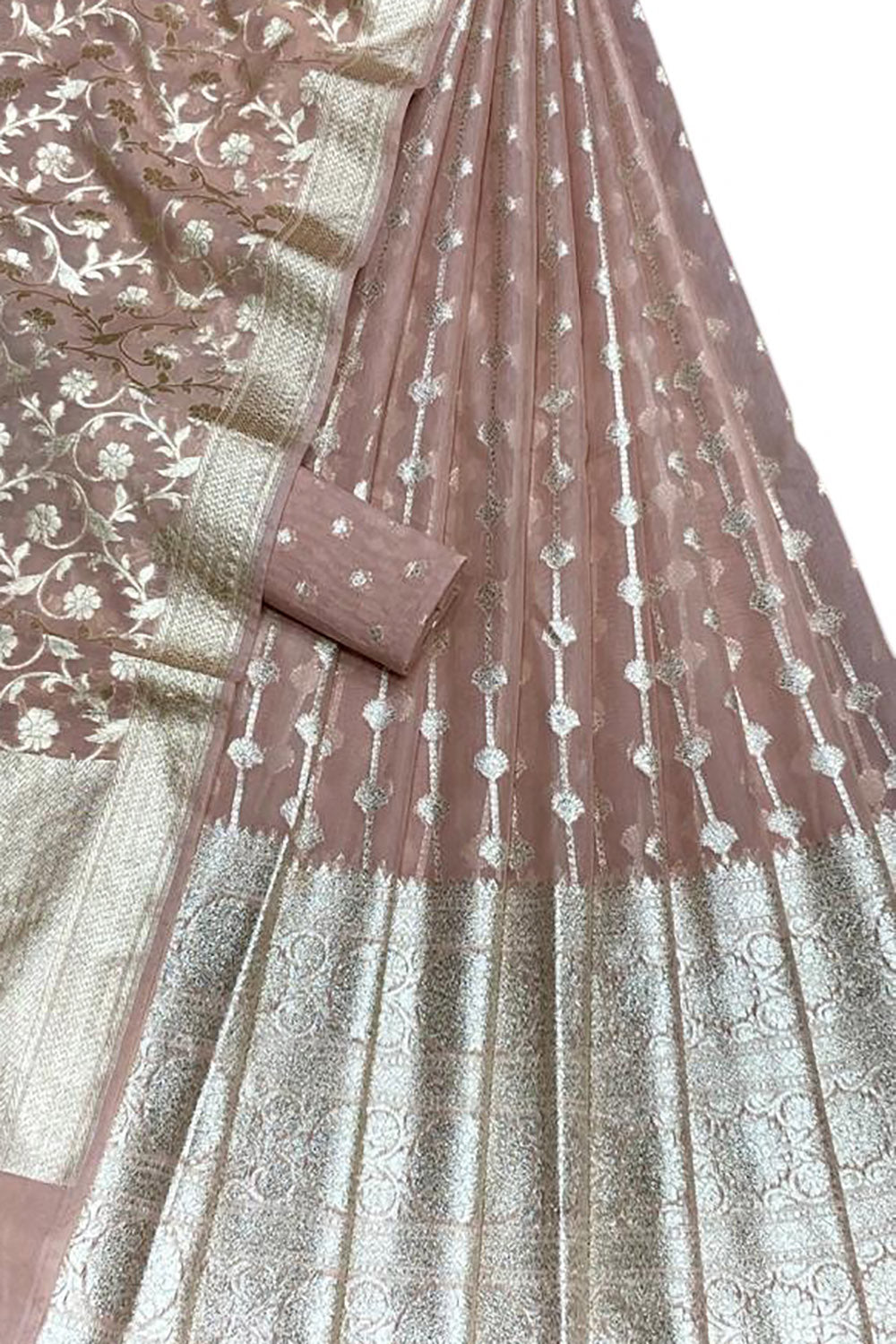 Pink Banarasi Chanderi Silk Unstitched Lehenga Set - Luxurion World