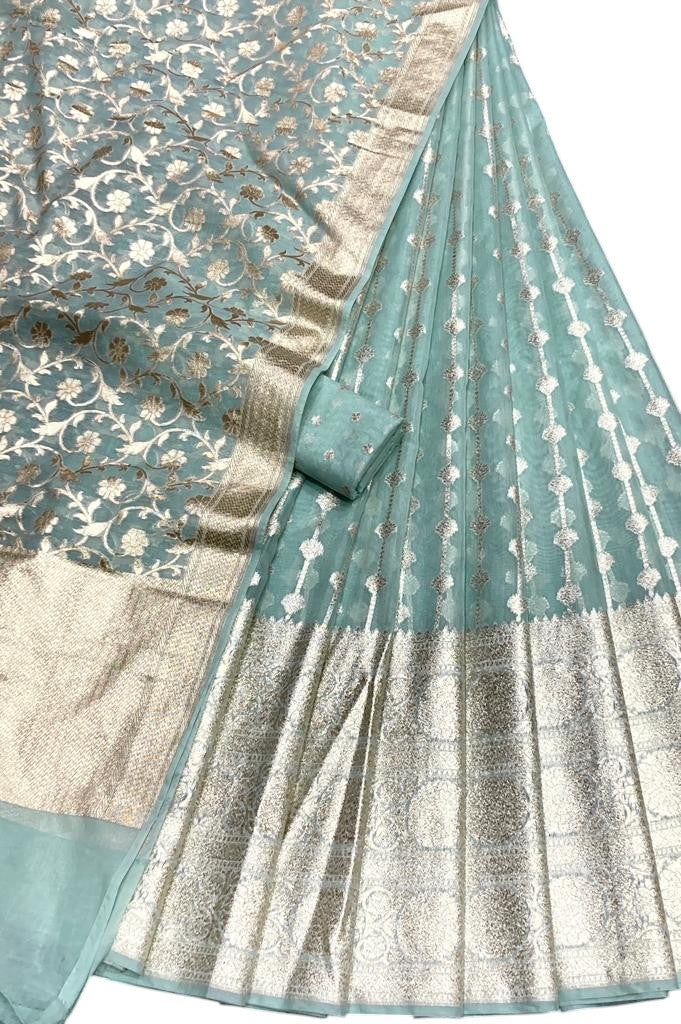 Blue Banarasi Chanderi Silk Unstitched Lehenga Set - Luxurion World