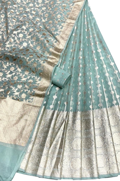 Blue Banarasi Chanderi Silk Unstitched Lehenga Set - Luxurion World
