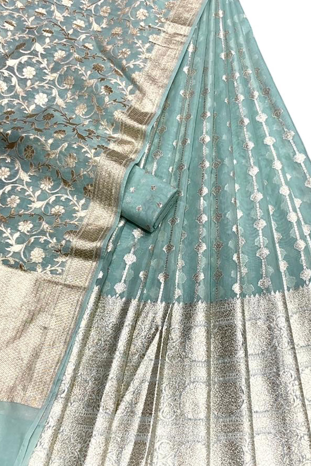 Blue Banarasi Chanderi Silk Unstitched Lehenga Set - Luxurion World